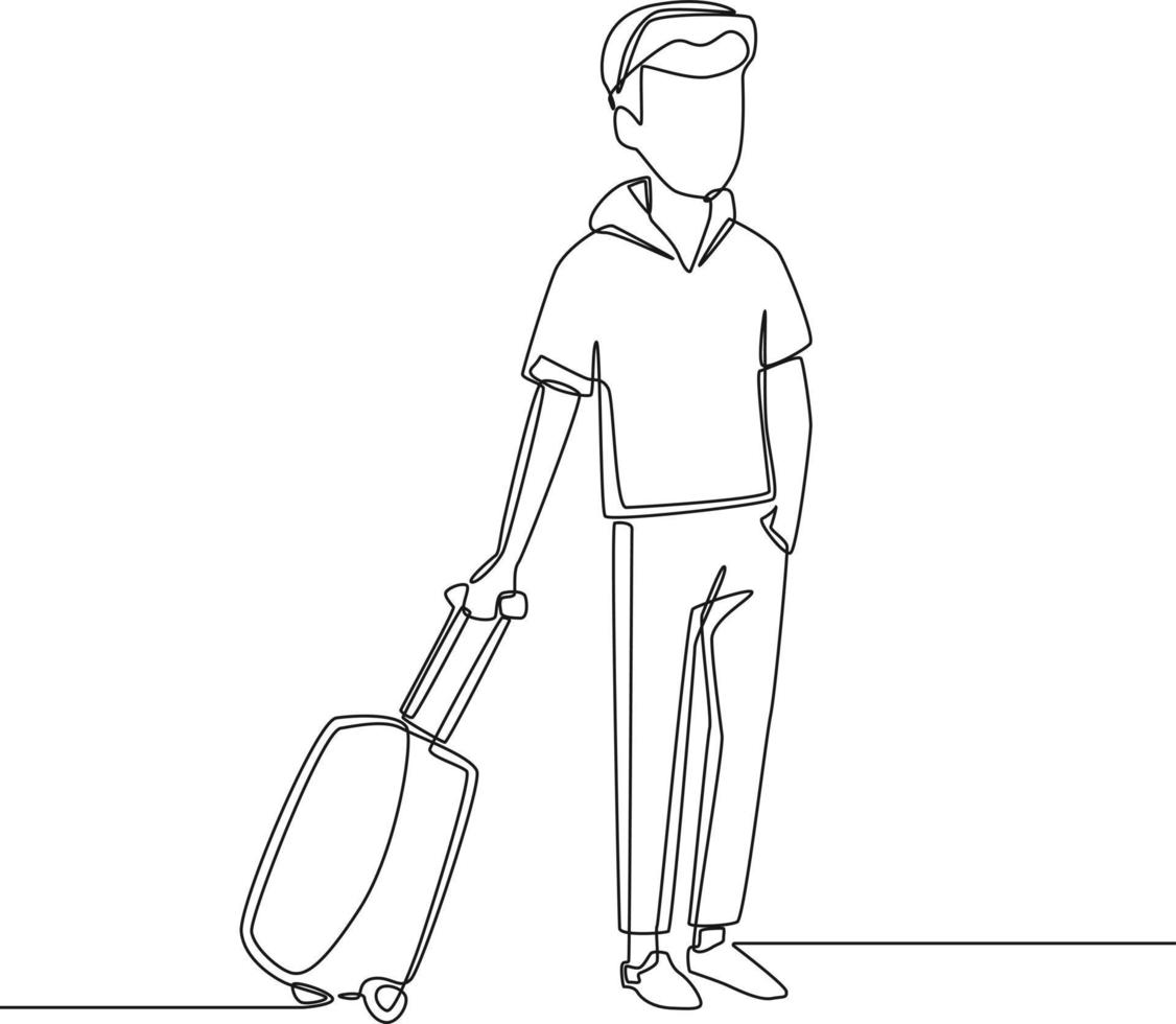 continu één lijntekening uitvoerende man die met bagage reist. gelukkig reizen. enkele lijn tekenen ontwerp vector grafische afbeelding.