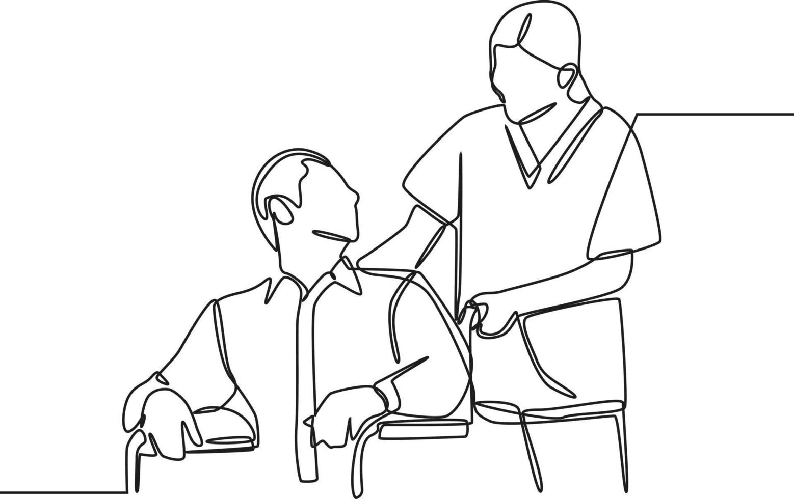 continue één lijntekening verpleegster die zorgt voor volwassen mannelijke patiënt zittend op een rolstoel in het ziekenhuis. internationale verpleegstersdag. enkele lijn tekenen ontwerp vector grafische afbeelding.