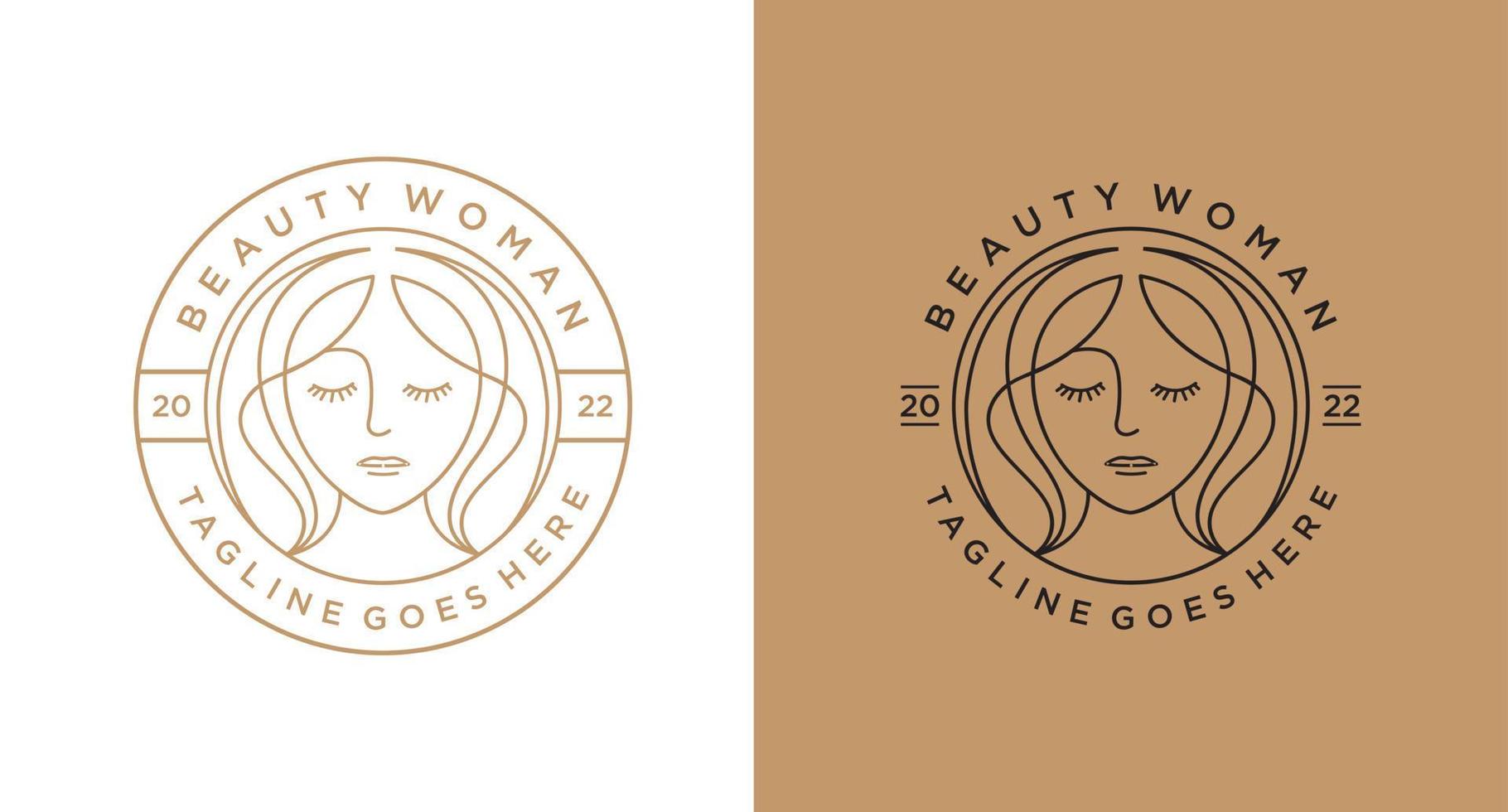 schoonheid vrouw lang haar logo voor salon of cosmetisch product met lijn kunststijl en badge embleem ontwerp vector