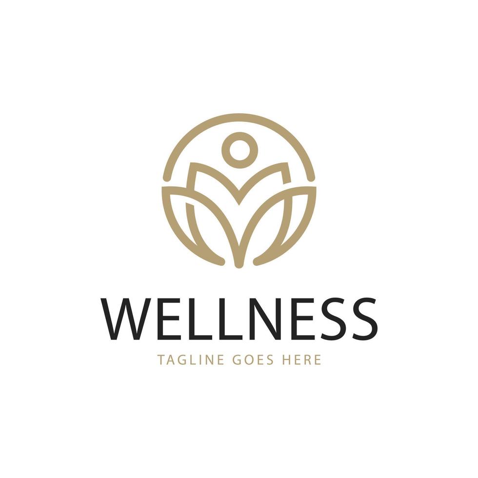 wellness-logo. gouden lineaire stijl blad en mensen combinatie geïsoleerd op een witte achtergrond. bruikbaar voor natuur-, cosmetica-, gezondheidszorg- en schoonheidslogo's. platte vector logo ontwerpsjabloon element