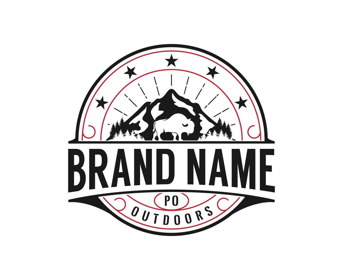 vintage silhouet bizon en rotsachtige berg label stempel logo ontwerp vector