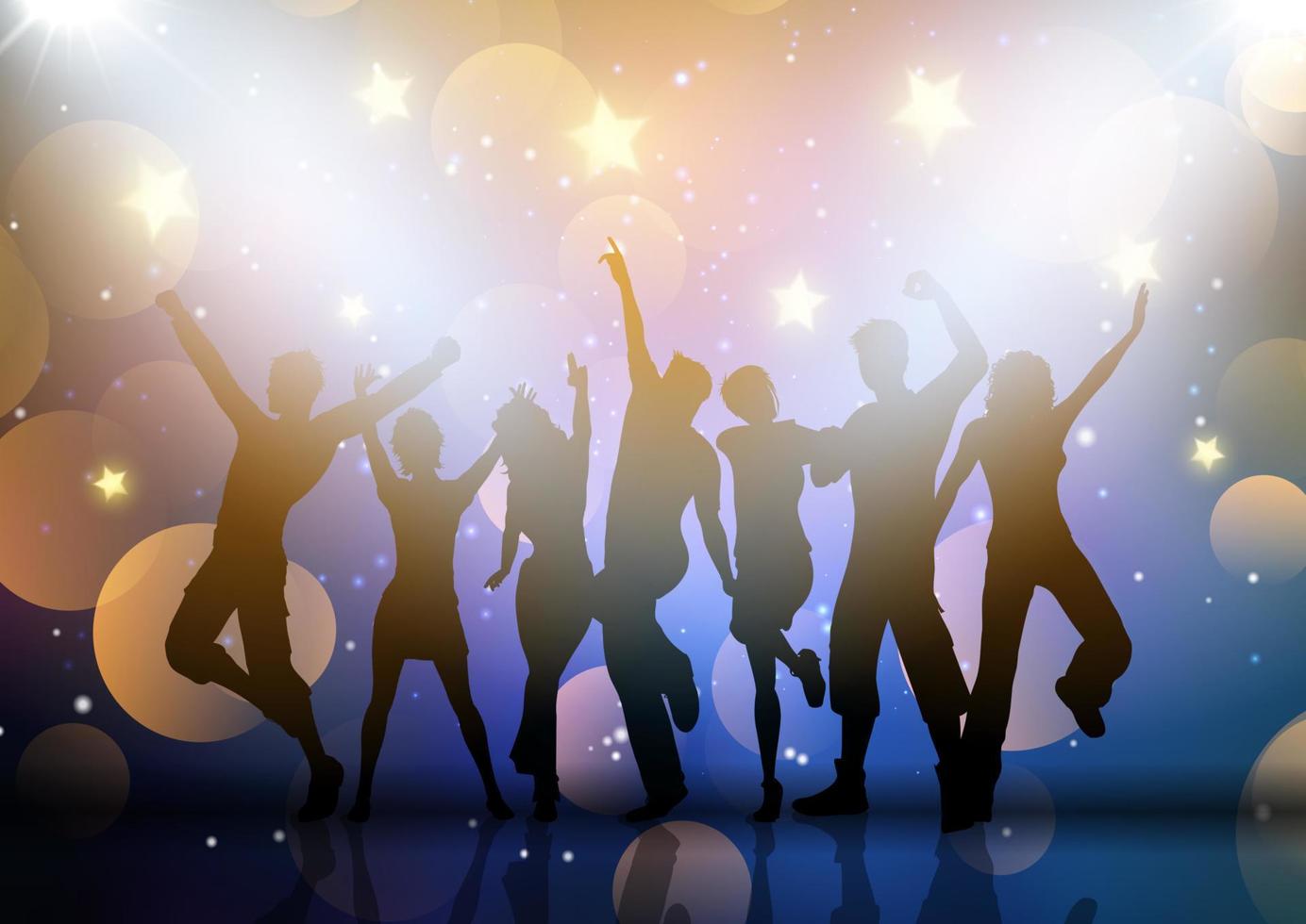 silhouetten van feestvierders die dansen op lichten en sterrenachtergrond vector