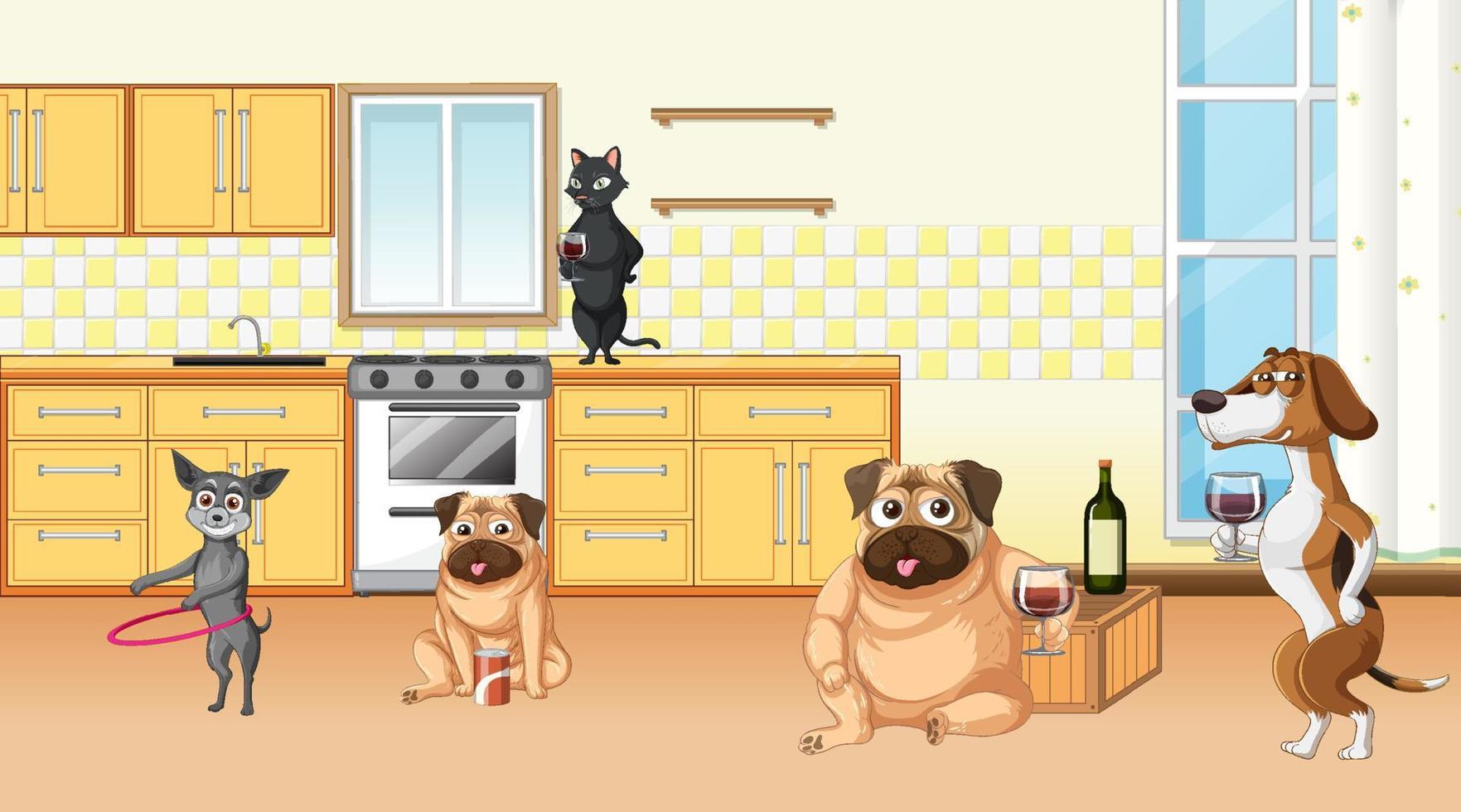 in-house scene met honden die wijn drinken vector