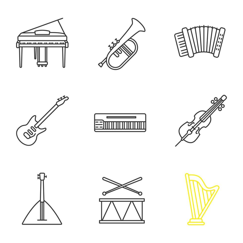 muziekinstrumenten lineaire pictogrammen instellen. piano, bugel, accordeon, gitaar, mellotron, cello, balalaika, drum, harp. dunne lijn contour symbolen. geïsoleerde vectoroverzichtsillustraties vector