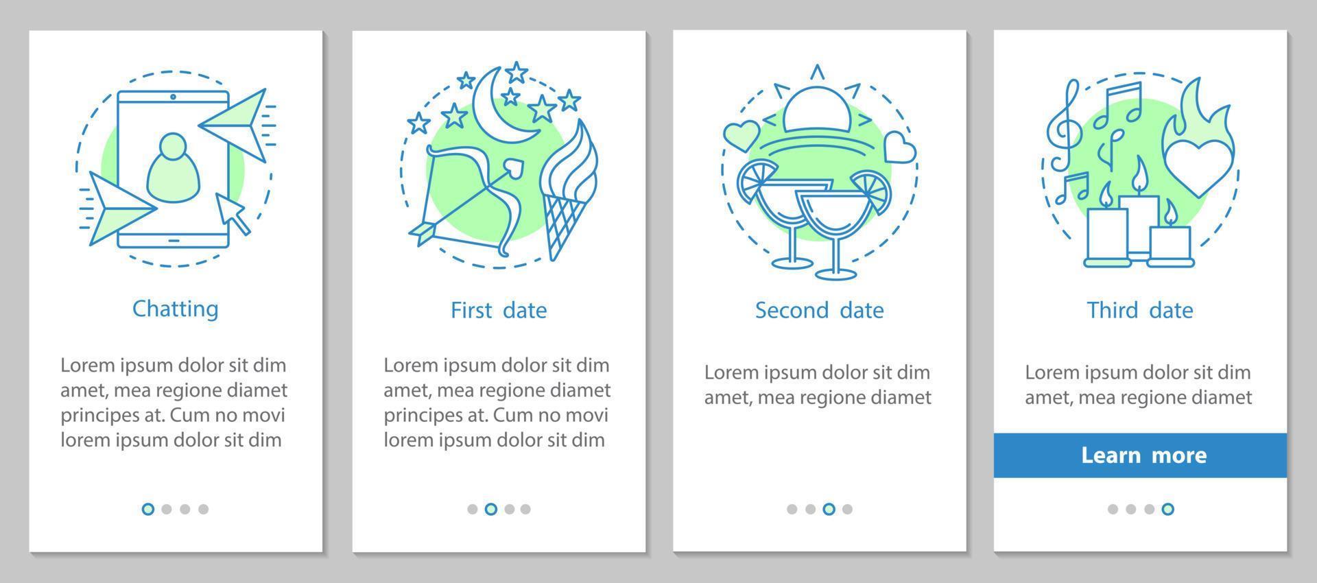 online dating onboarding mobiele app paginascherm met lineaire concepten. romantische relaties ontwikkelingsstappen grafische instructies. ux, ui, gui vectorsjabloon met illustraties vector