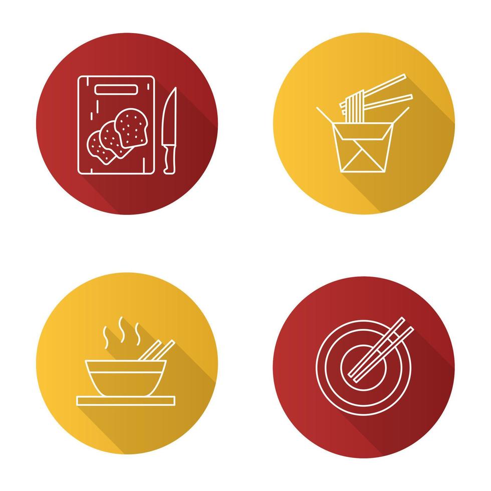 Chinees eten vlakke lineaire lange schaduw iconen set. noedels in papieren doos, ramen, eetstokjes, gesneden brood. vector overzicht illustratie