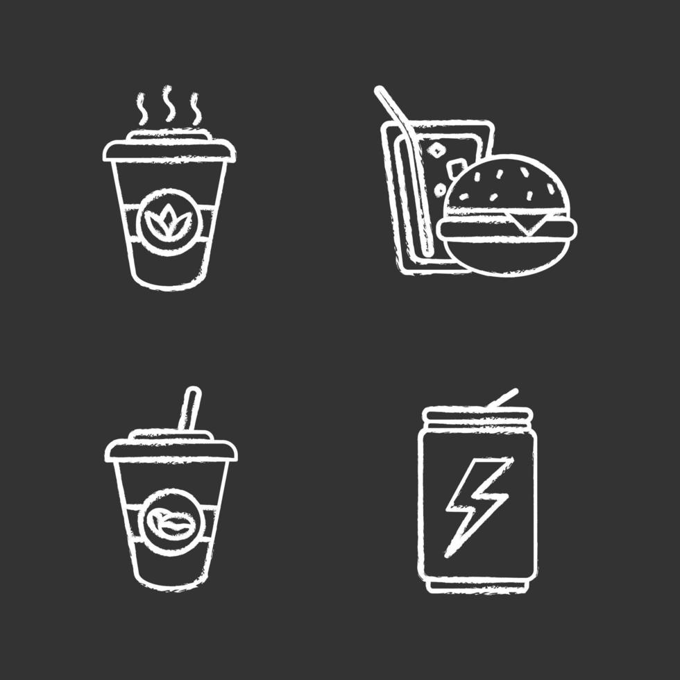 dranken krijt pictogrammen instellen. afhaalkoffie en thee, energiedrank, frisdrank met burger. geïsoleerde vector schoolbord illustraties