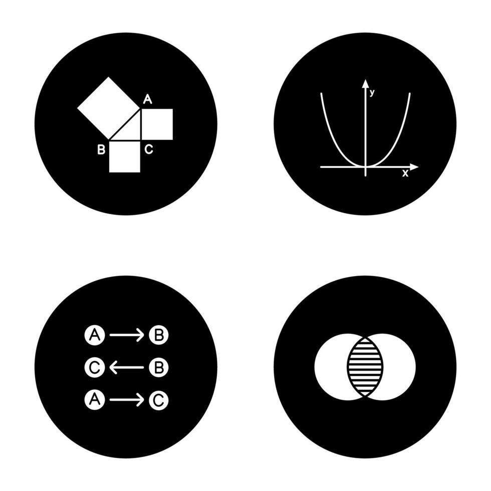 wiskunde glyph pictogrammen instellen. meetkunde, algebra, logica en discrete wiskunde. vector witte silhouetten illustraties in zwarte cirkels