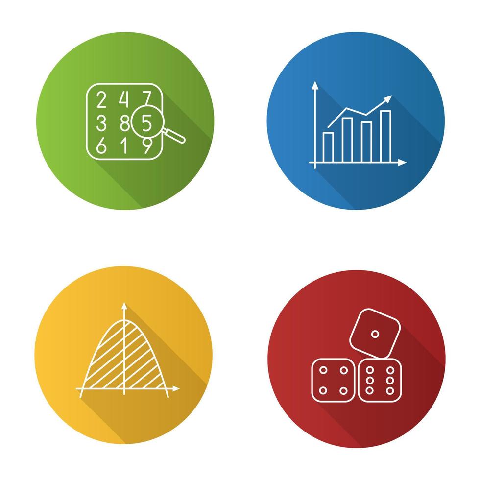 wiskunde vlakke lineaire lange schaduw iconen set. getaltheorie, statistiek, coördinatensysteem, dobbelstenen. vector overzicht illustratie