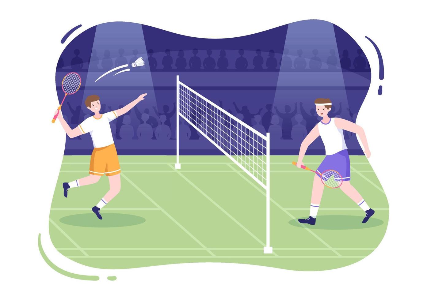 badminton-speler met shuttle op het veld in vlakke stijl cartoon afbeelding. gelukkig spelen van sportgames en vrijetijdsontwerp vector