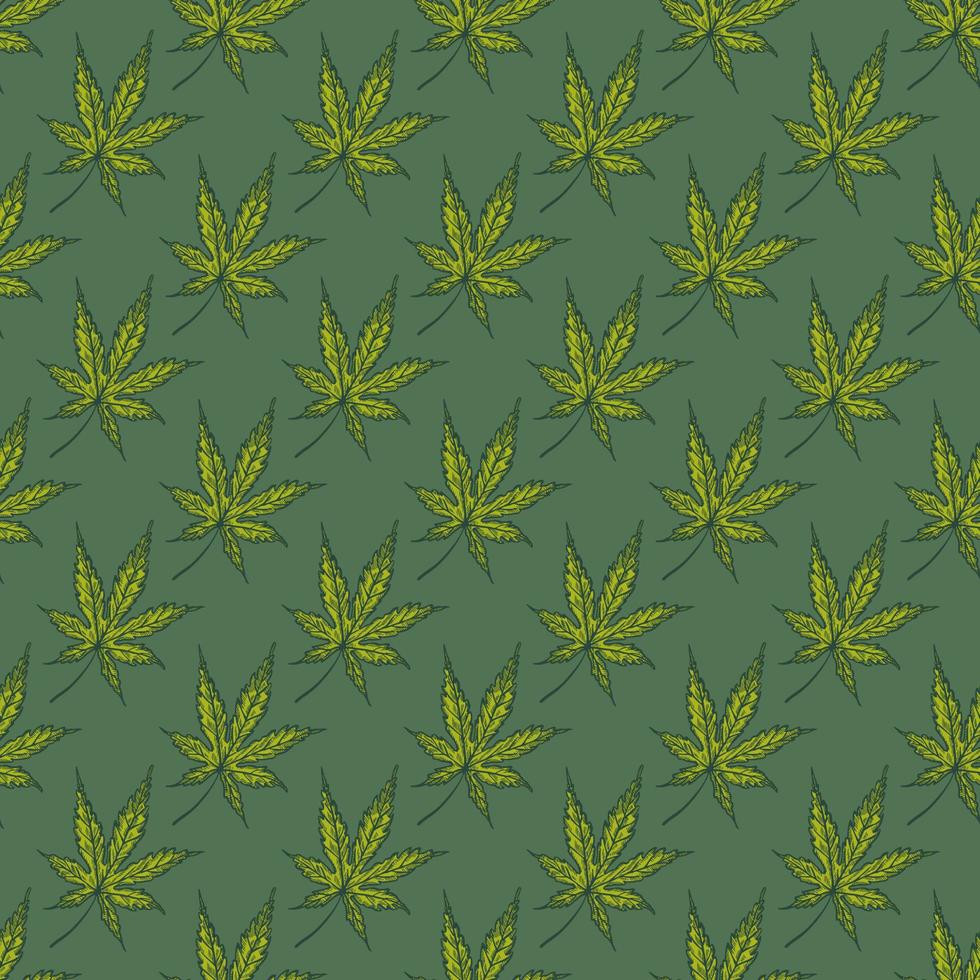 laat cannabis gegraveerd naadloos patroon achter. retro botanische achtergrond met bladmarihuana in de hand getekende stijl. vector