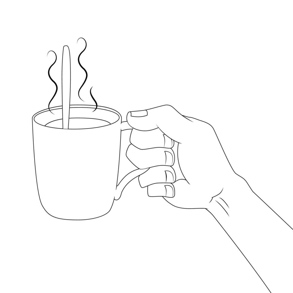 hand met een mok met koffie omtrek vector