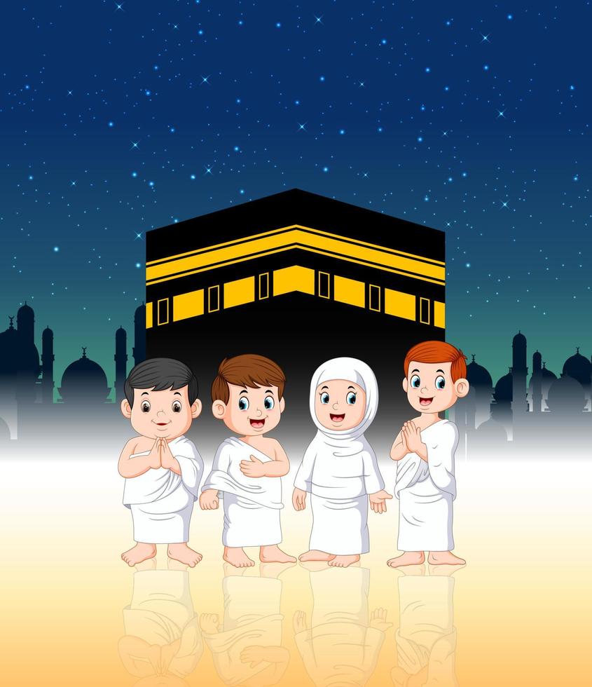 twee kinderen met hun ouders op bedevaart voor de Kaaba vector