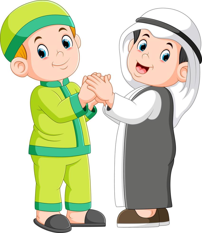 twee moslimmannen en zijn beste vriend die elkaar de hand schudden vector