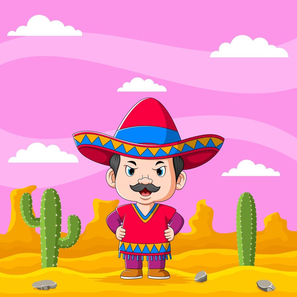 de Mexicaanse jongen in de woestijn onder de prachtige roze lucht vector