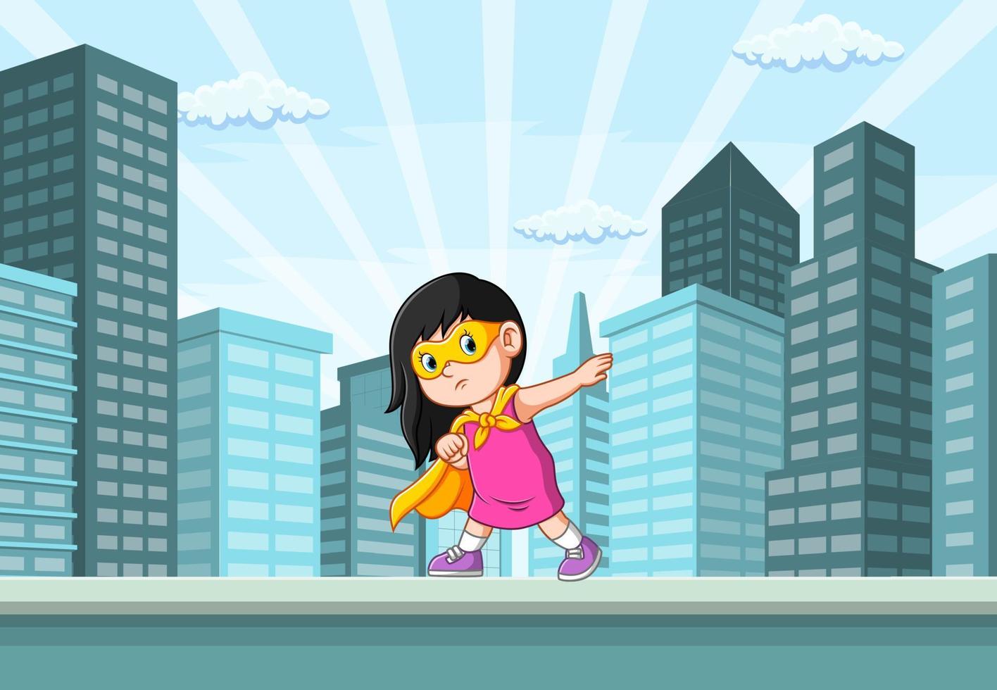 het superheldenmeisje en poseren in de stad bij het gebouw vector
