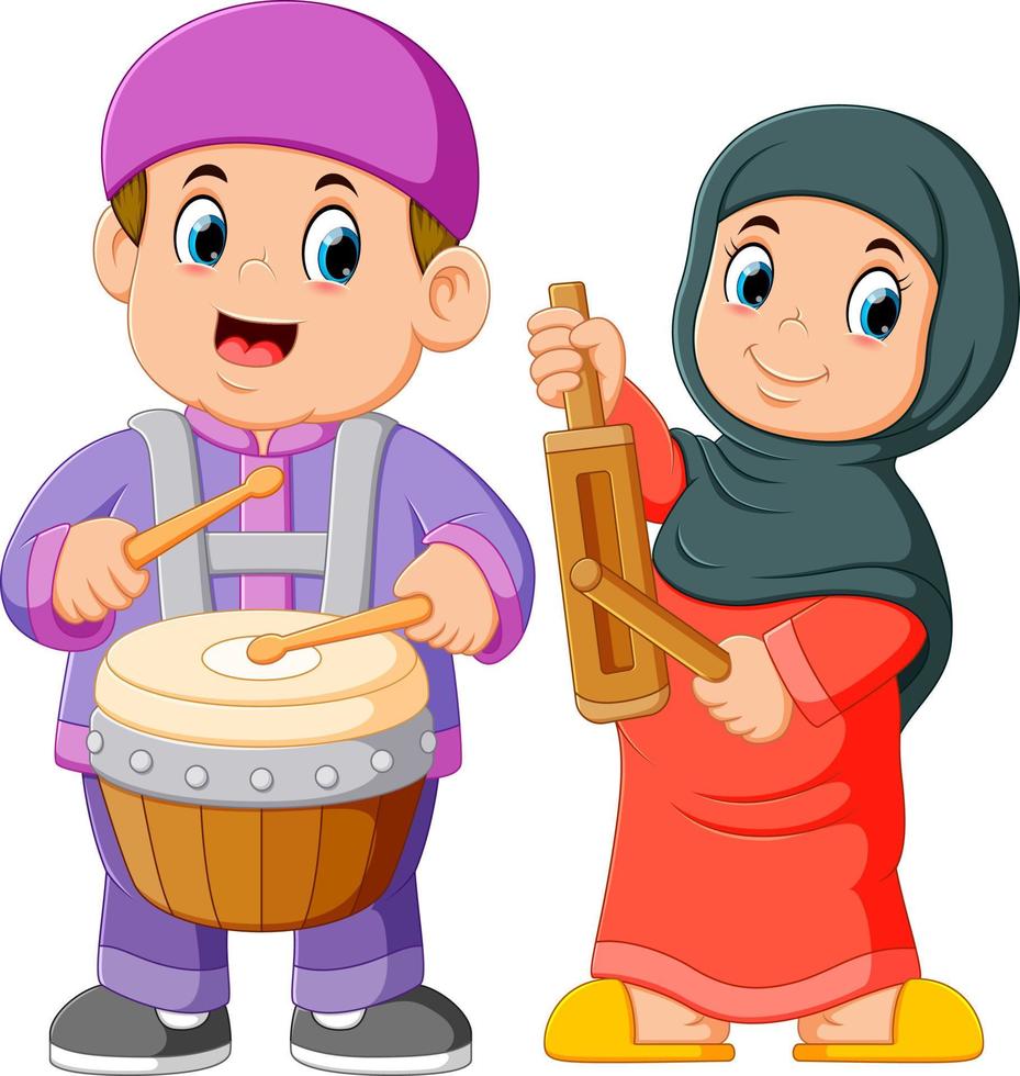 gelukkige moslim kid-cartoon die traditionele muziekinstrumenten bespeelt vector