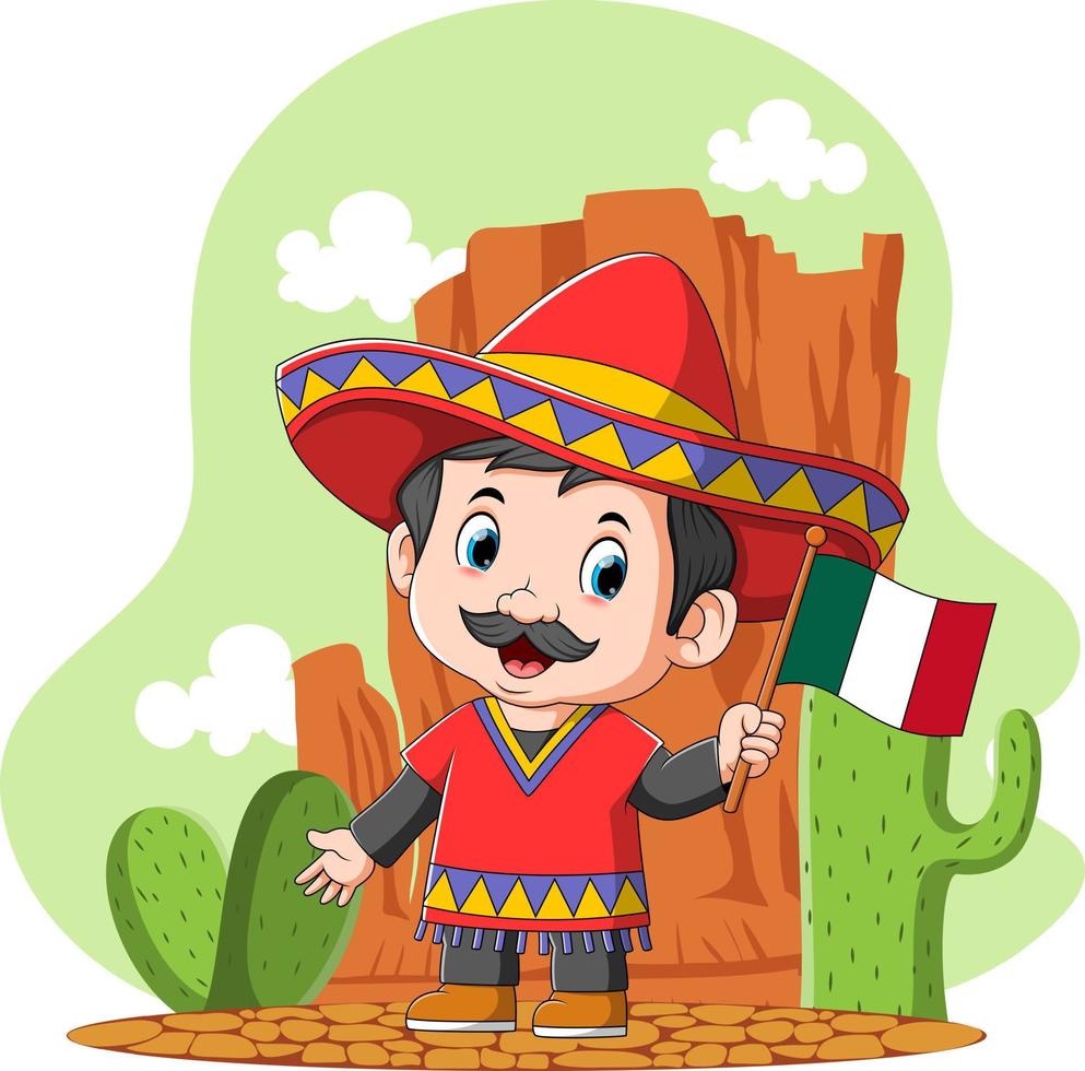 Mexicaanse jongen gebruikt de sombrero in de woestijn vector