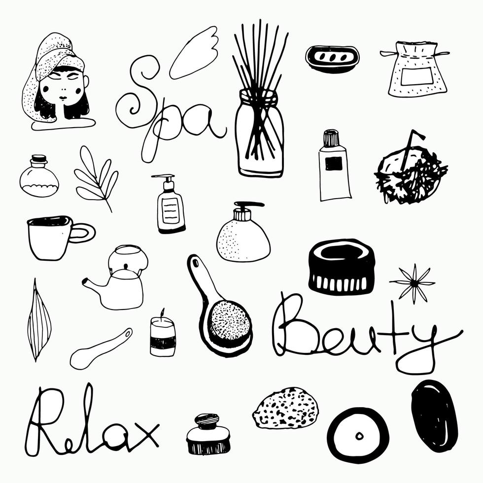 doodle set spa en wellness massagebad vector