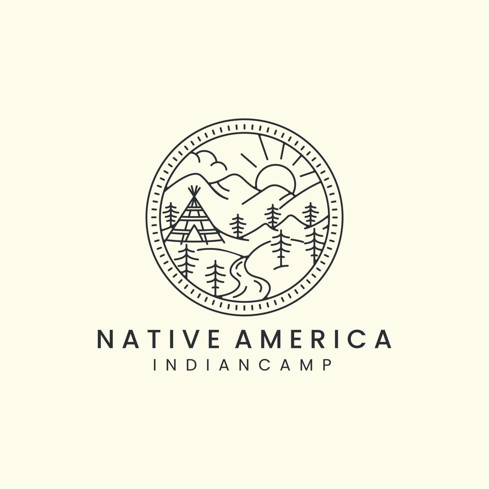 Indiase kamp en berg met badge en lijn kunst stijl logo pictogram sjabloonontwerp. tipi's, inheems, amerika, zon, boom, vectorillustratie vector