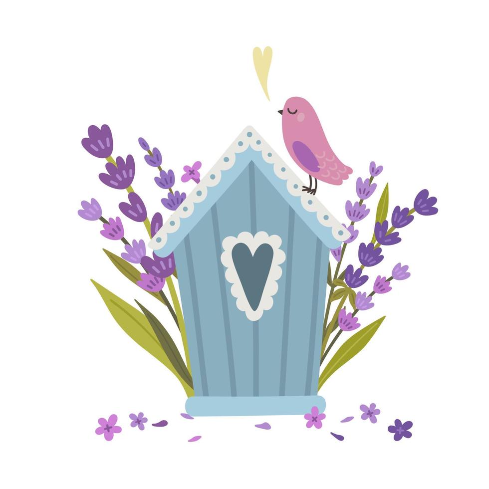 lavendel vogelhuisje en vogel vector