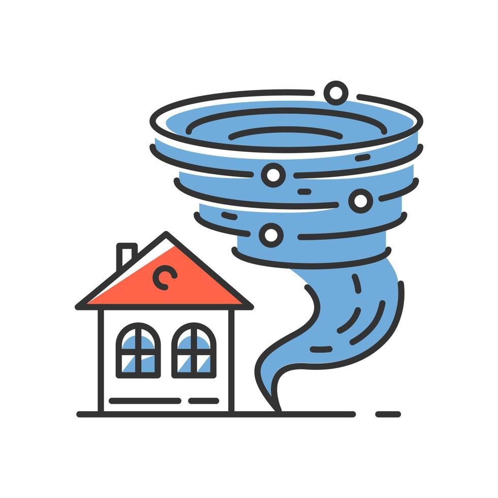 tornado blauwe kleur pictogram. twister spiraalvormige trechter die huis nadert. cycloon gevaarlijk voor de bouw. extreme weersomstandigheden. verwoestende orkaan. storm. tyfoon. geïsoleerde vectorillustratie vector