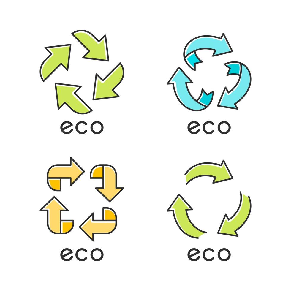 eco labels groene kleur iconen set. pijlen tekenen. symbolen recyclen. alternatieve energie. milieubescherming stickers. milieuvriendelijke chemicaliën. biologische cosmetica. geïsoleerde vectorillustraties vector