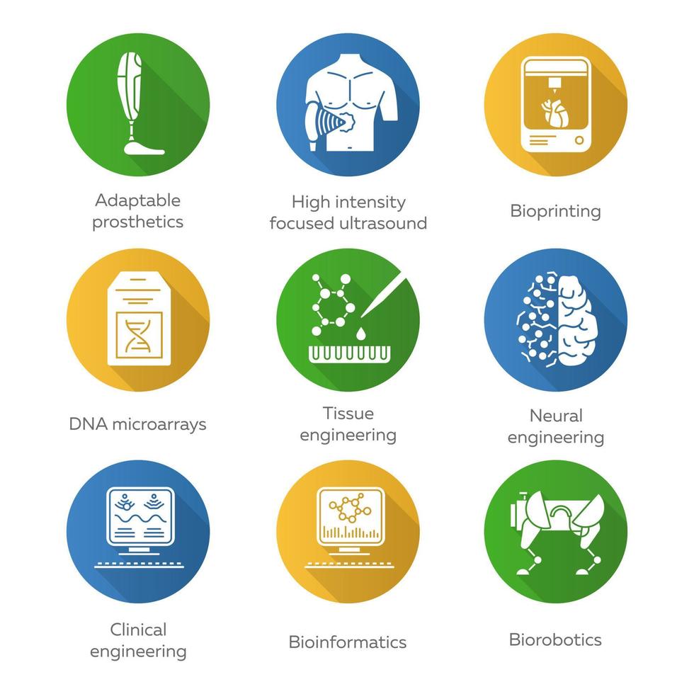 bio-engineering platte ontwerp lange schaduw glyph pictogrammen instellen. biotechnologie voor de menselijke gezondheid, comfort. moleculaire biologie, biomedische en moleculaire engineering, bio-informatica. vector silhouet illustratie