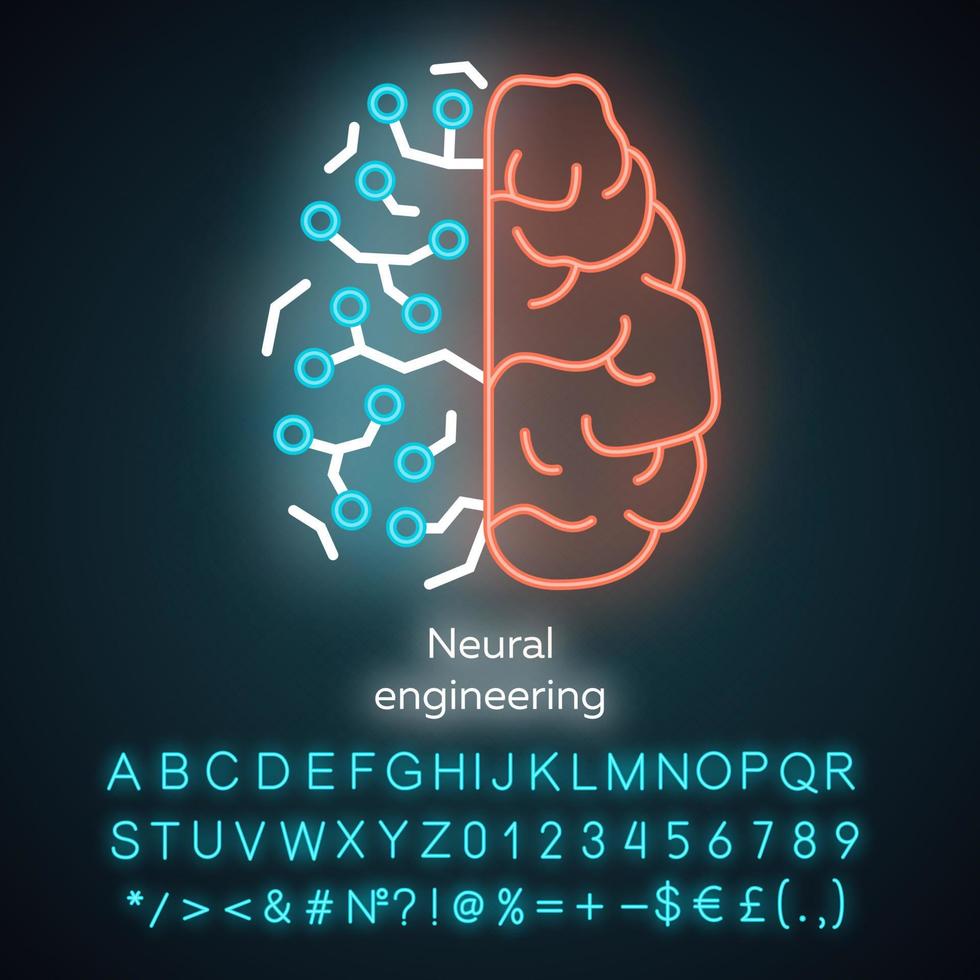 neurale engineering neonlicht icoon. neuro-engineering. levend neuraal weefsel en kunstmatige constructies. bio-informatica. gloeiend bord met alfabet, cijfers en symbolen. vector geïsoleerde illustratie