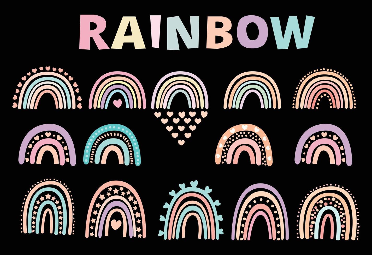 set van regenbogen geïsoleerd op een witte achtergrond, regenboog doodles stijl met harten, kinderachtig platte vectorillustraties. vector