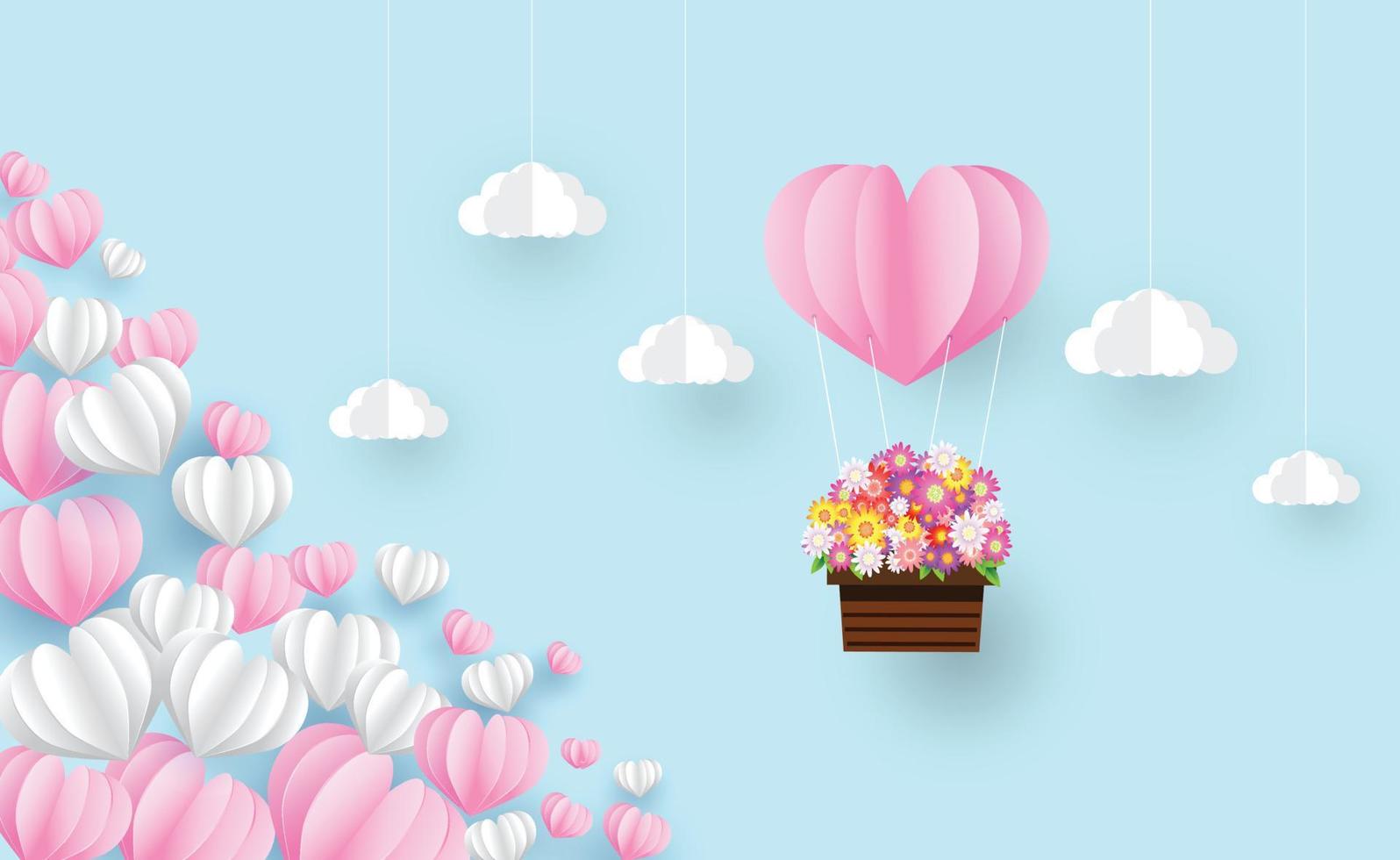 hartballonnen zwevend in de lucht, bloemen in de mand, concept van liefde, bericht op harten, zoete liefde vector