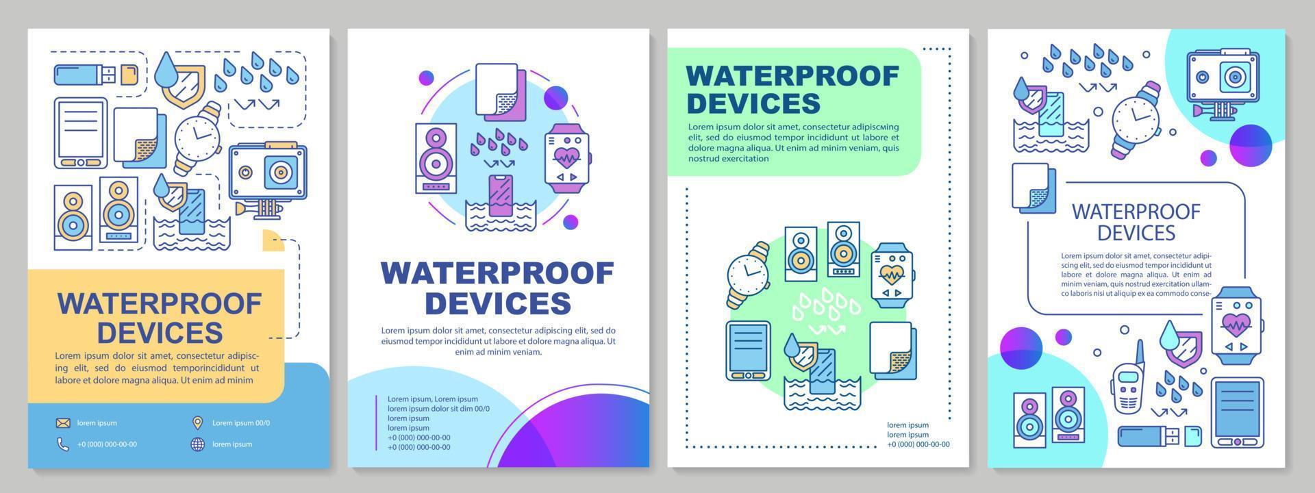 waterdichte apparaten brochure sjabloon lay-out. flyer, boekje, folder printontwerp met lineaire illustraties. hydrofobe gadgets. vectorpaginalay-outs voor tijdschriften, jaarverslagen vector