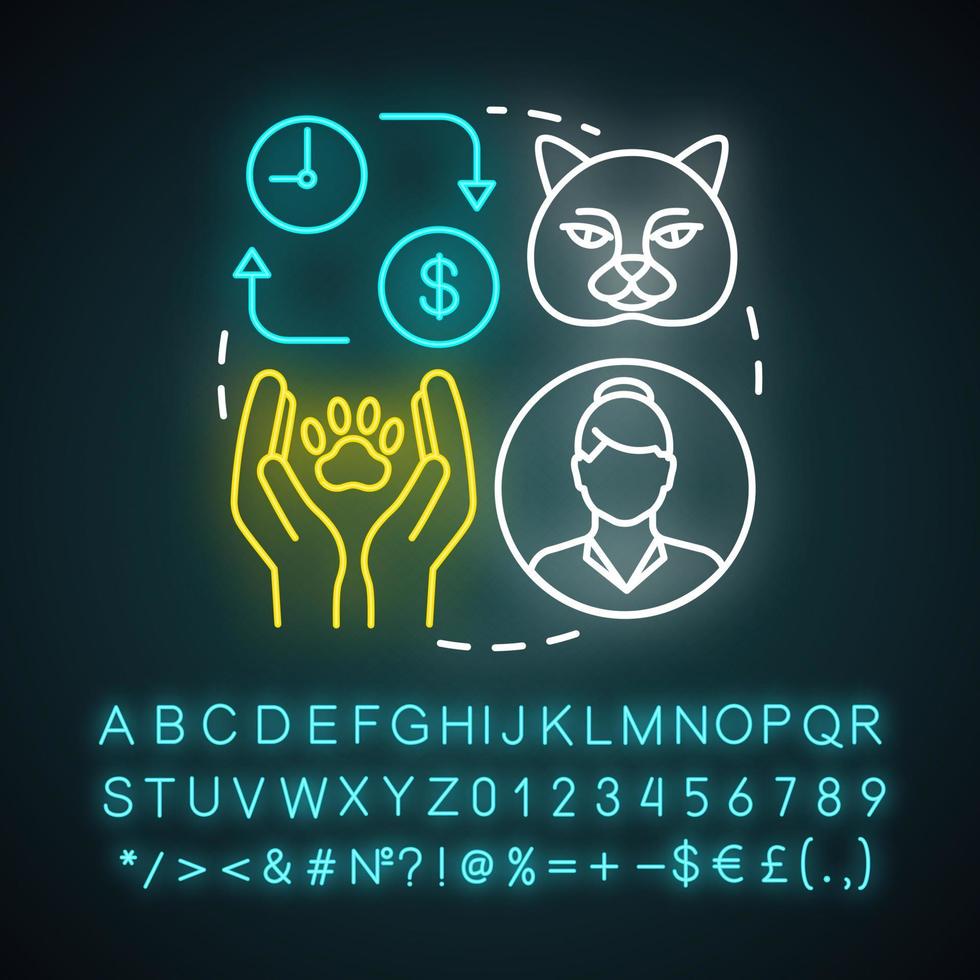 neonlichtpictogram voor huisdierenoppas. zorg voor hond, kat. verzorging van huisdieren. deeltijdse job. oppas, conciërge, oppasservice. gloeiend bord met alfabet, cijfers, symbolen. vector geïsoleerde illustratie