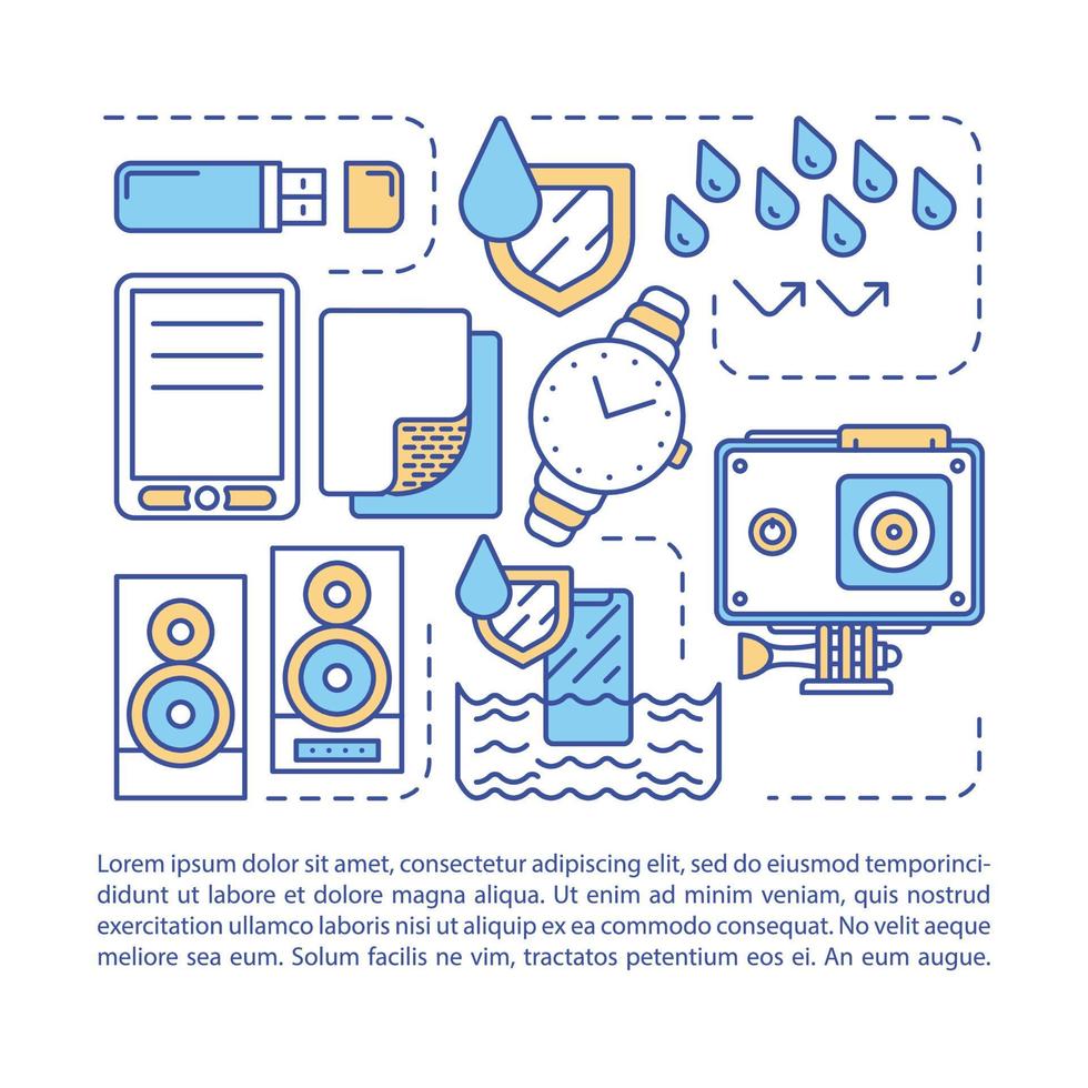 waterdichte, waterbestendige elektronica-artikelpagina vectorsjabloon. brochure, tijdschrift, boekje ontwerpelement met lineaire pictogrammen en tekstvakken. print ontwerp. conceptillustraties met tekstruimte vector