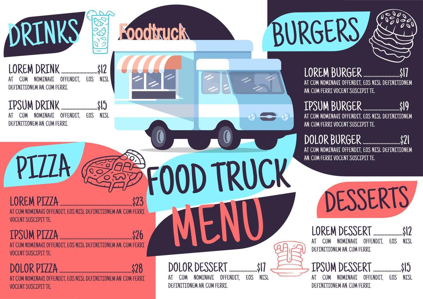 menusjabloon voor foodtrucks. printontwerp met plat pictogrammen. concept vectorillustraties. restaurant, cafébanner, flyer-brochurepagina met lay-out van voedselprijzen vector