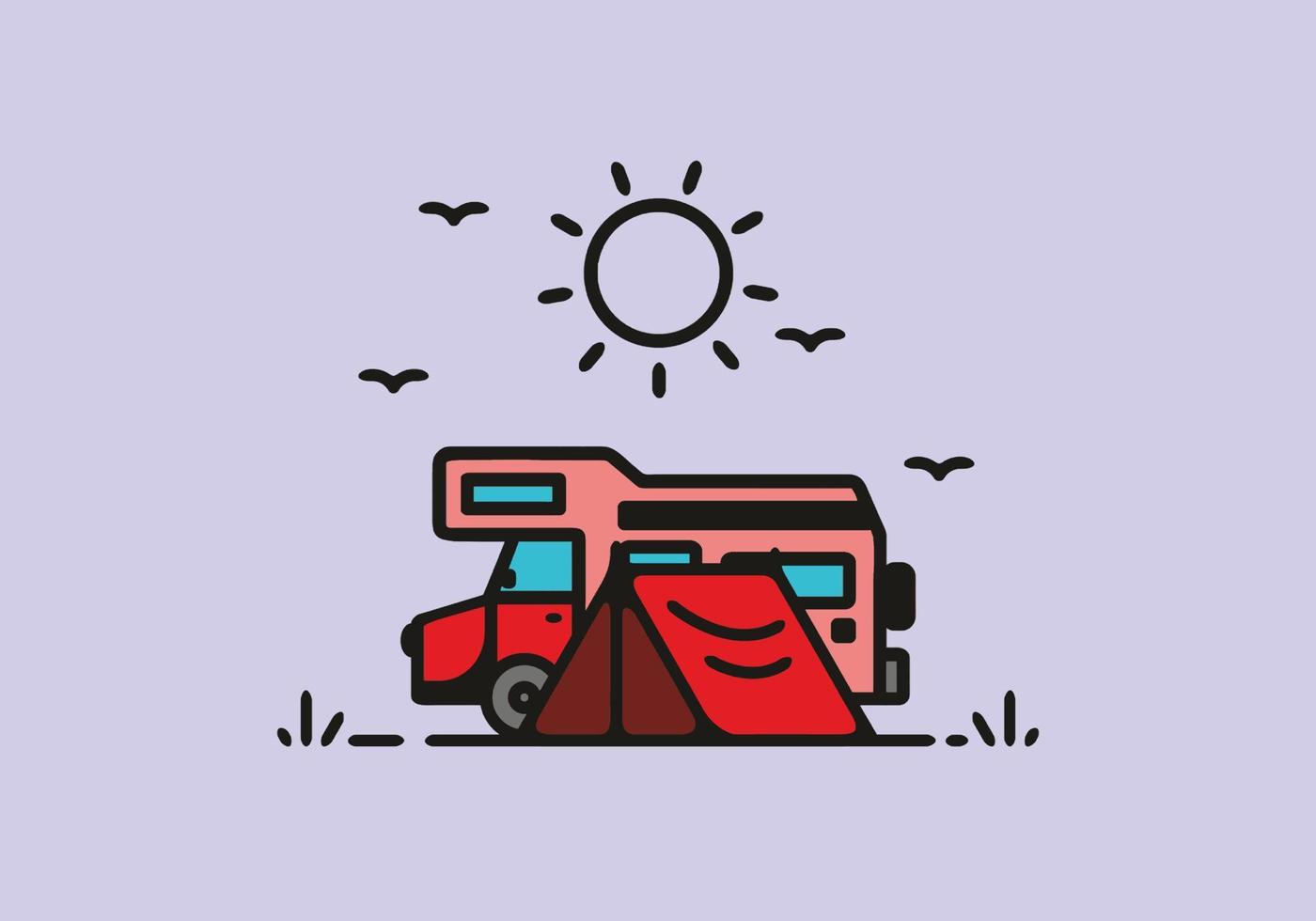 camping met camper lijntekeningen illustratie vector