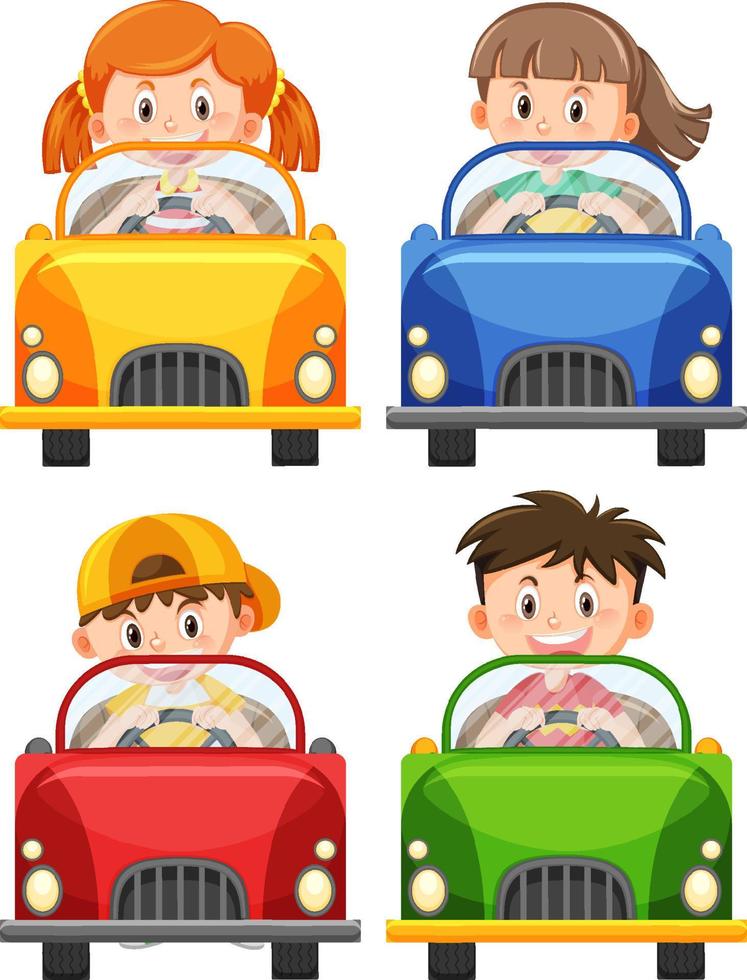 kinderen in klassieke auto speelgoed in cartoon design vector