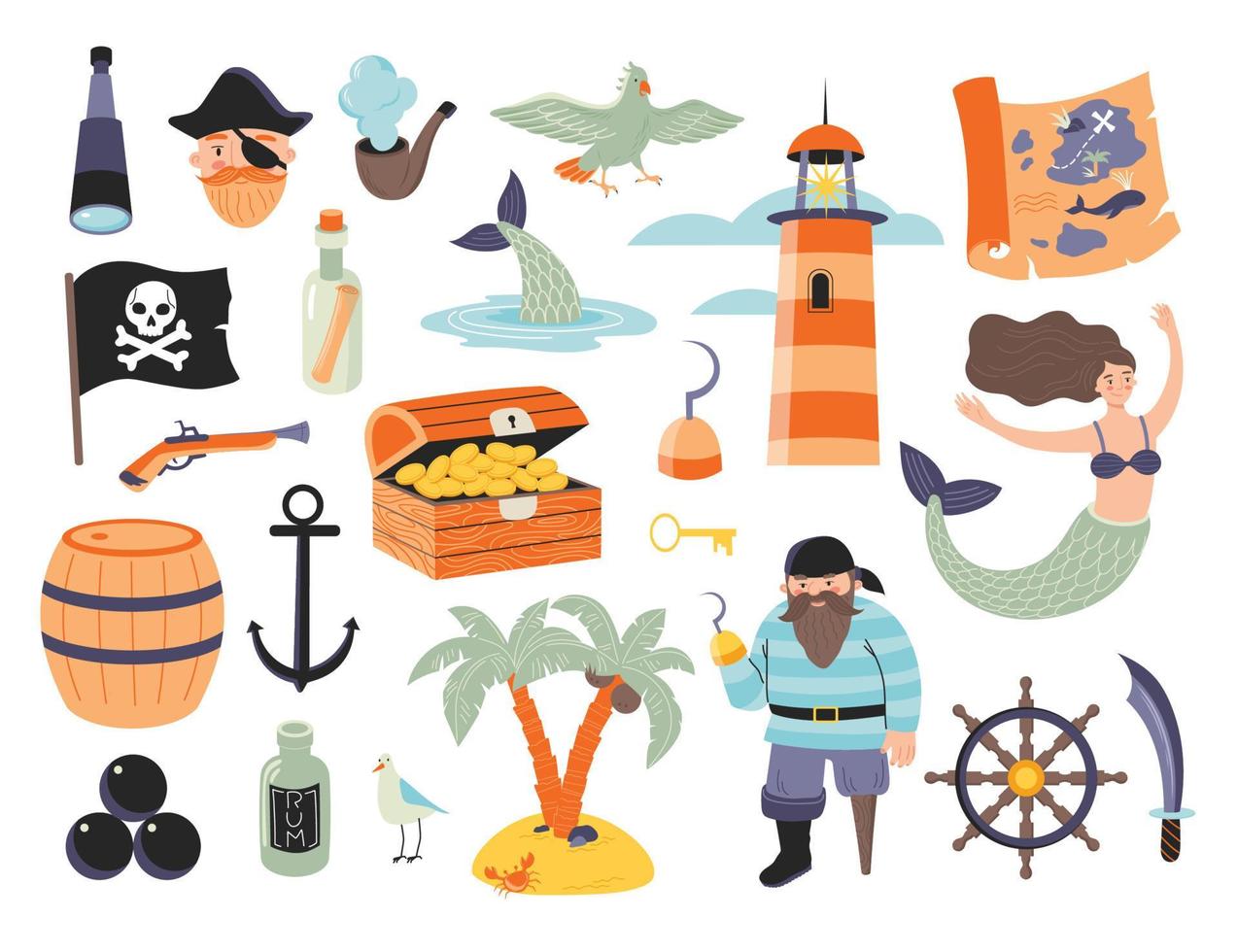 piratenset met karakters, zeemeermin, schatkaart, kist, vuurtoren, verrekijker, rum, musket, jolly roger, palmeilanden etc. bundel piraat vector