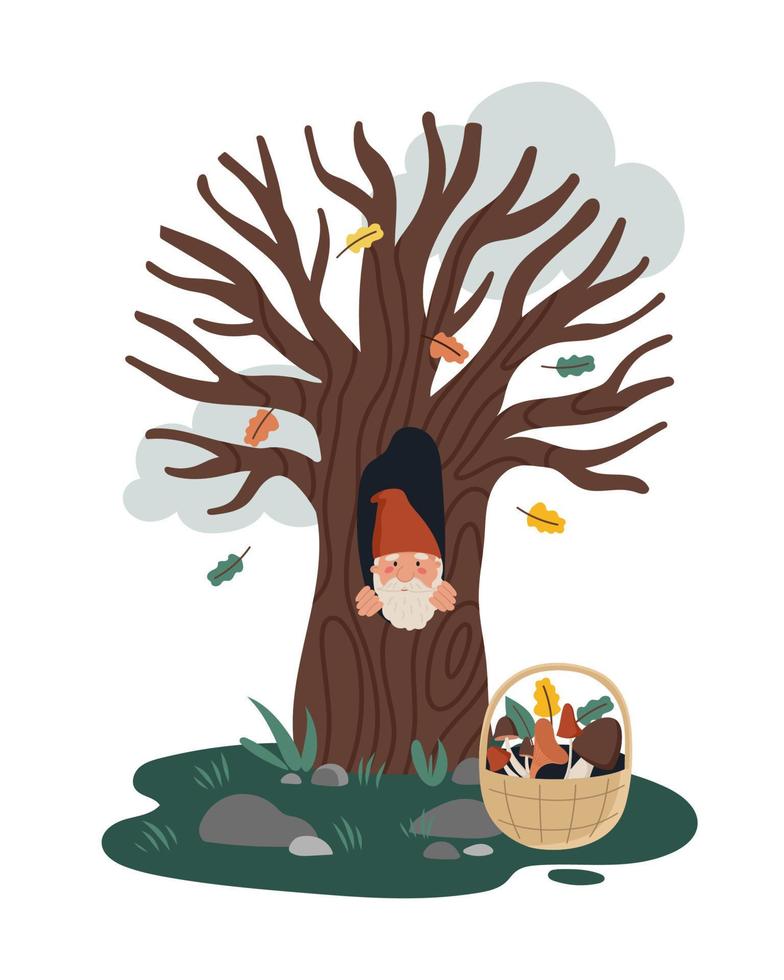 kleine kabouter of dwerg zittend in de holte met mand met paddenstoelen. schattige kinderillustraties vector