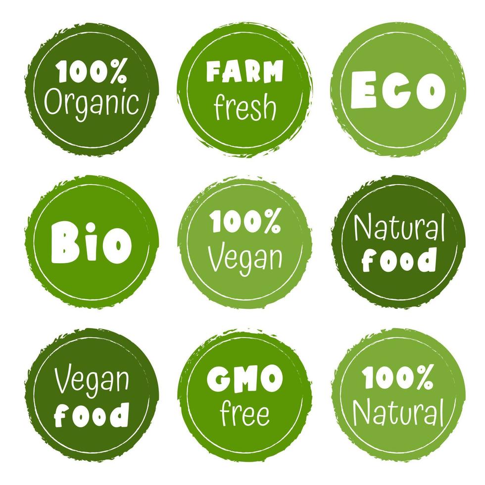 vector abstracte handgetekende aquarel stickers voor bio, eco, ggo-vrij, glutenvrij, veganistisch eten. verzameling van labels voor veganistische, biologische, biologische, glutenvrije en natuurlijke producten.