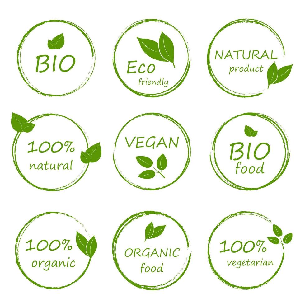 eco, bio, biologische en natuurlijke producten ronde sticker, label, frame, badge en logo. set van eco-vriendelijke groene badges ontwerp. verzameling van veganistische, biologische, biologische, glutenvrije en natuurlijke producten. vector