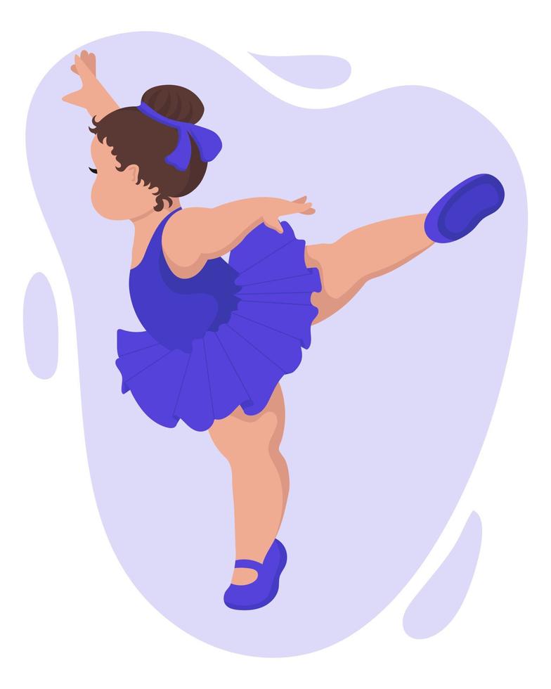 illustratie, kleine mollige meisjesballerina in een blauwe jurk en pointe-schoenen. meisje dansen. afdrukken, illustraties, karikatuur vector