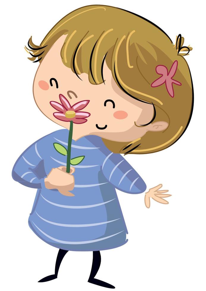 klein meisje ruikt een bloem vector