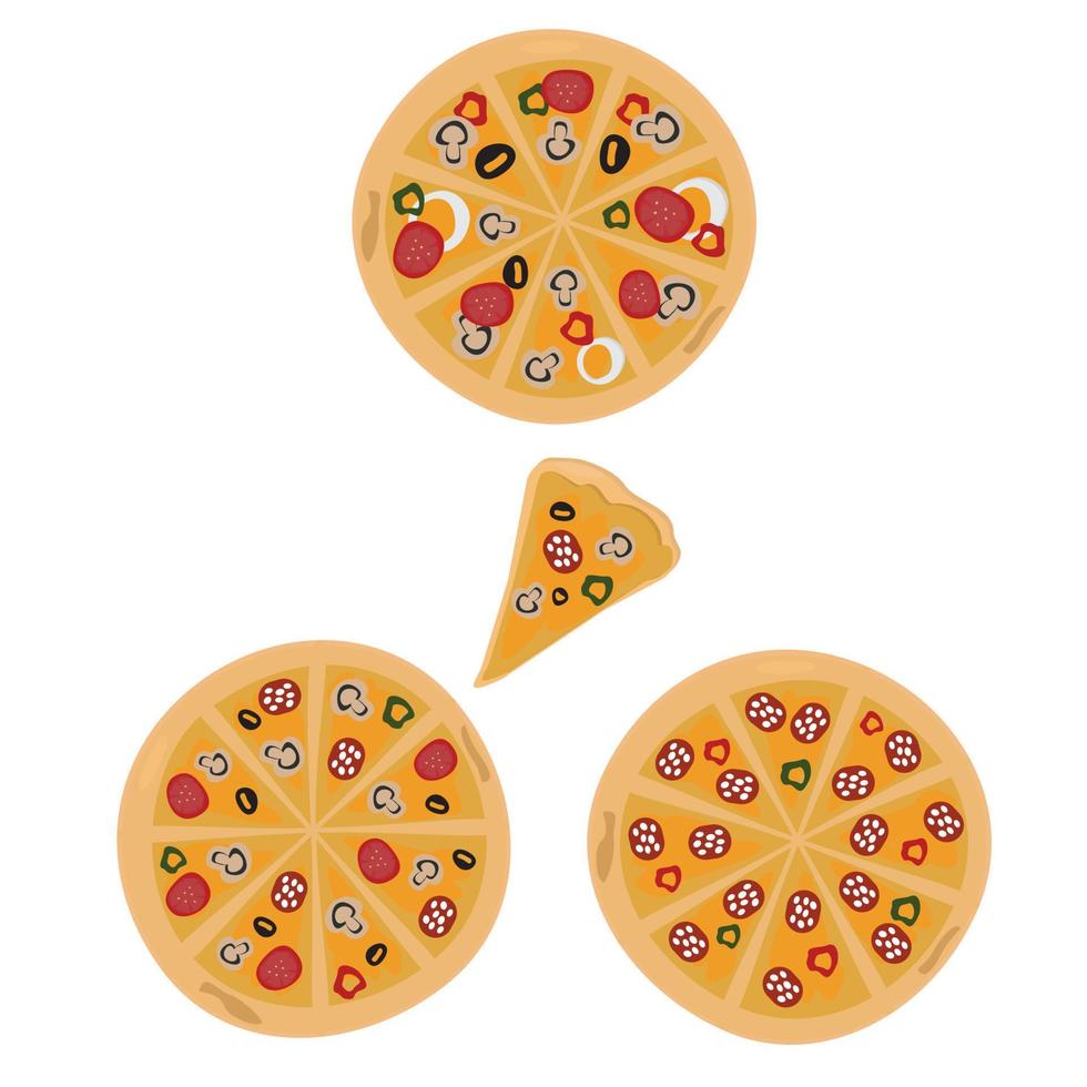 set van drie soorten heerlijke pizza's en een smakelijk plakje vector
