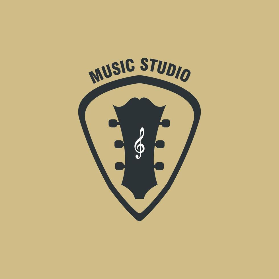 muziekstudio logo-ontwerpinnovatie met gitaarkop en plectrumillustratie vector