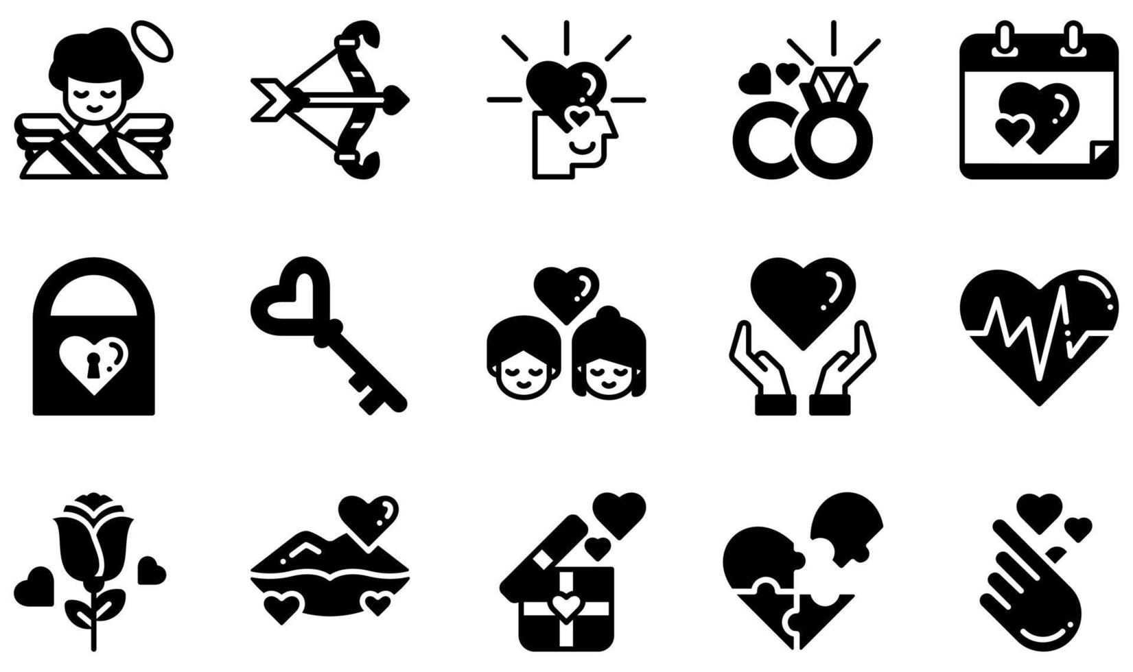 set van vector iconen gerelateerd aan liefde. bevat iconen als cupido, verliefd, trouwring, hangslot, liefde, roos en meer.