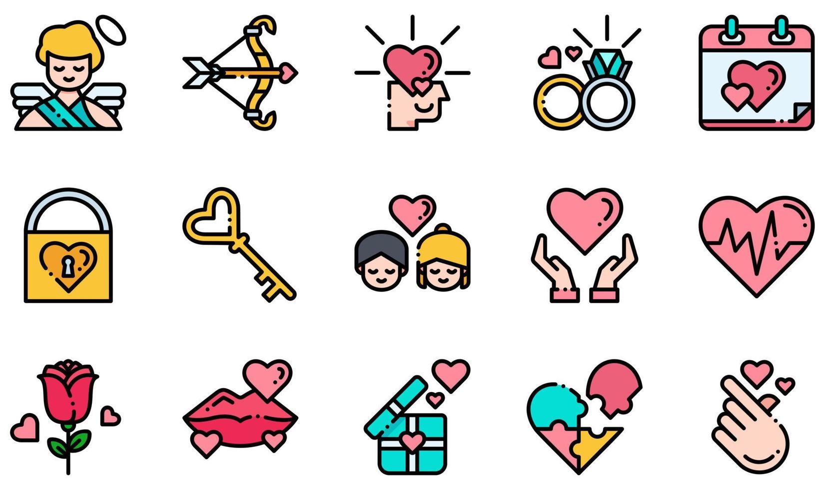 set van vector iconen gerelateerd aan liefde. bevat iconen als cupido, verliefd, trouwring, hangslot, liefde, roos en meer.
