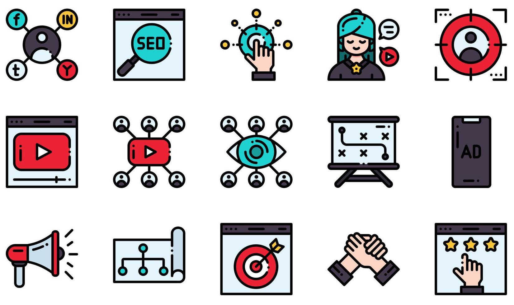 set van vector iconen gerelateerd aan digitale marketing. bevat iconen als sociale marketing, seo, influencer, videomarketing, megafoon, online marketing en meer.