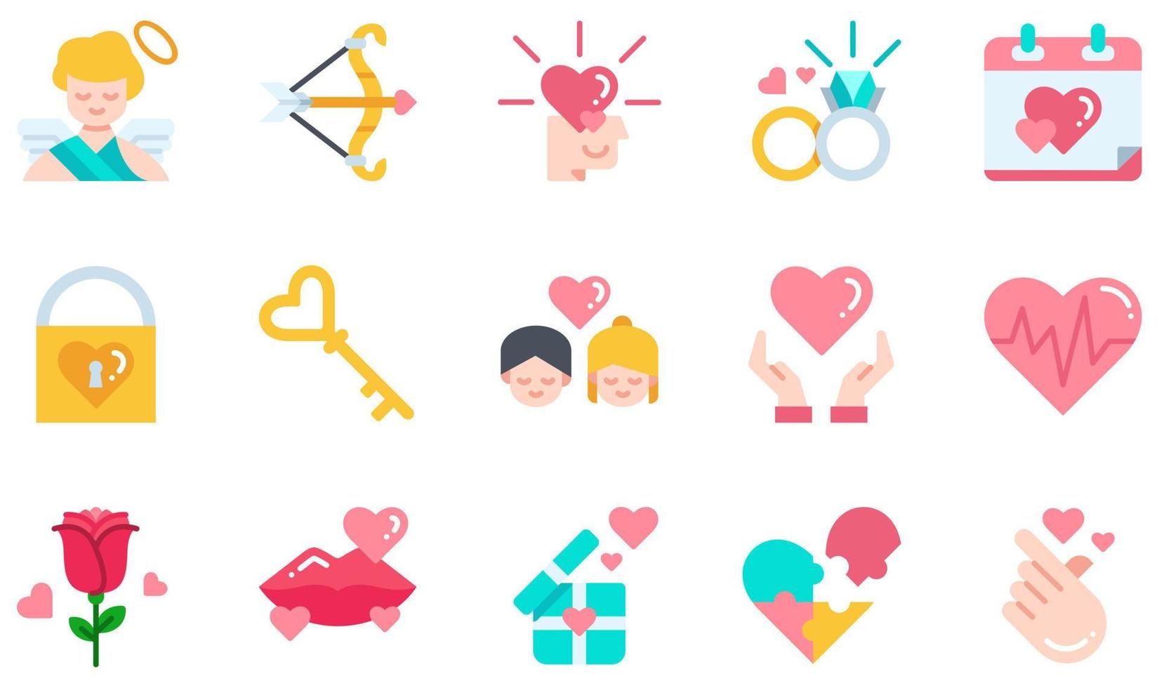 set van vector iconen gerelateerd aan liefde. bevat iconen als cupido, verliefd, trouwring, hangslot, liefde, roos en meer.