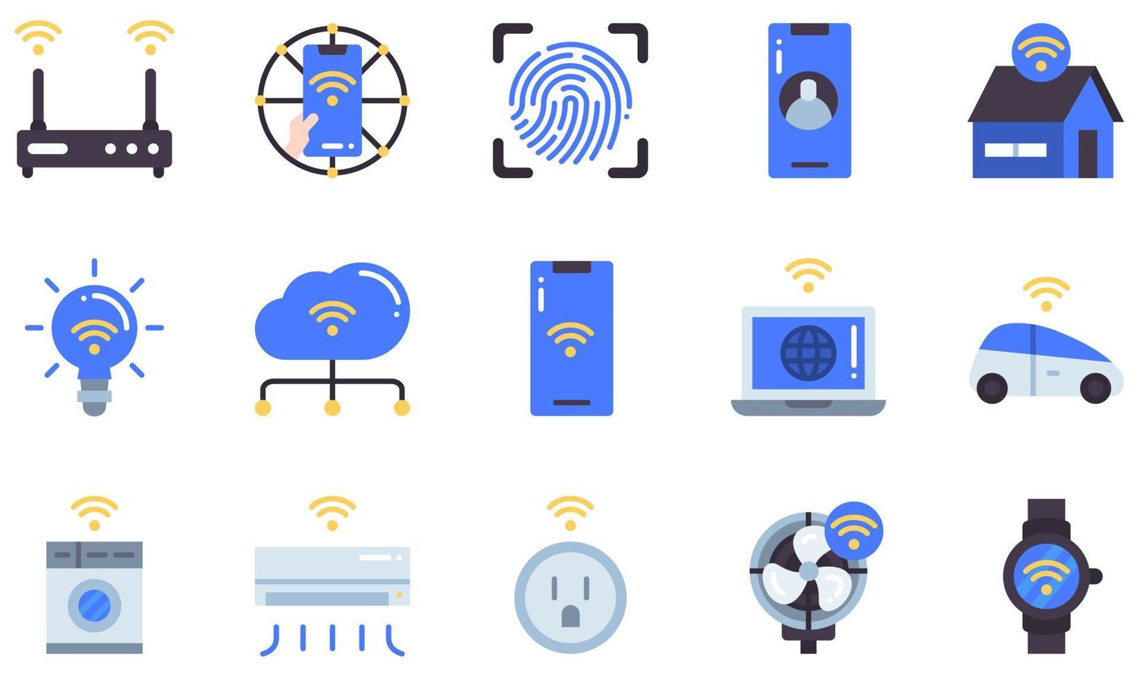 set van vector iconen gerelateerd aan internet van dingen. bevat iconen als internet of things, smart home, smart light, smartphone, smart car, smartwatch en meer.